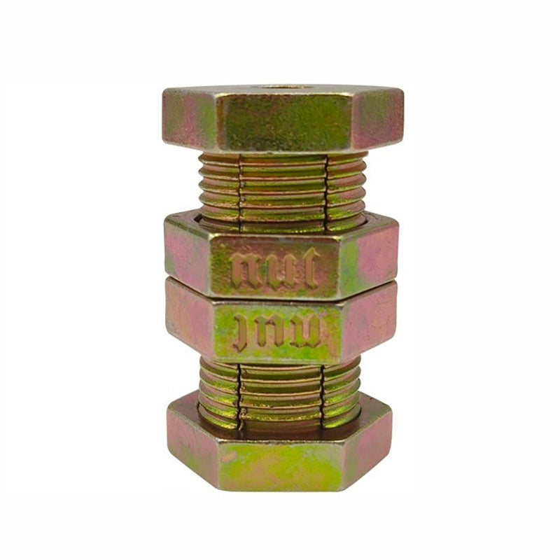 A golden metal puzzle consisting of interlocking screw and bolt components.