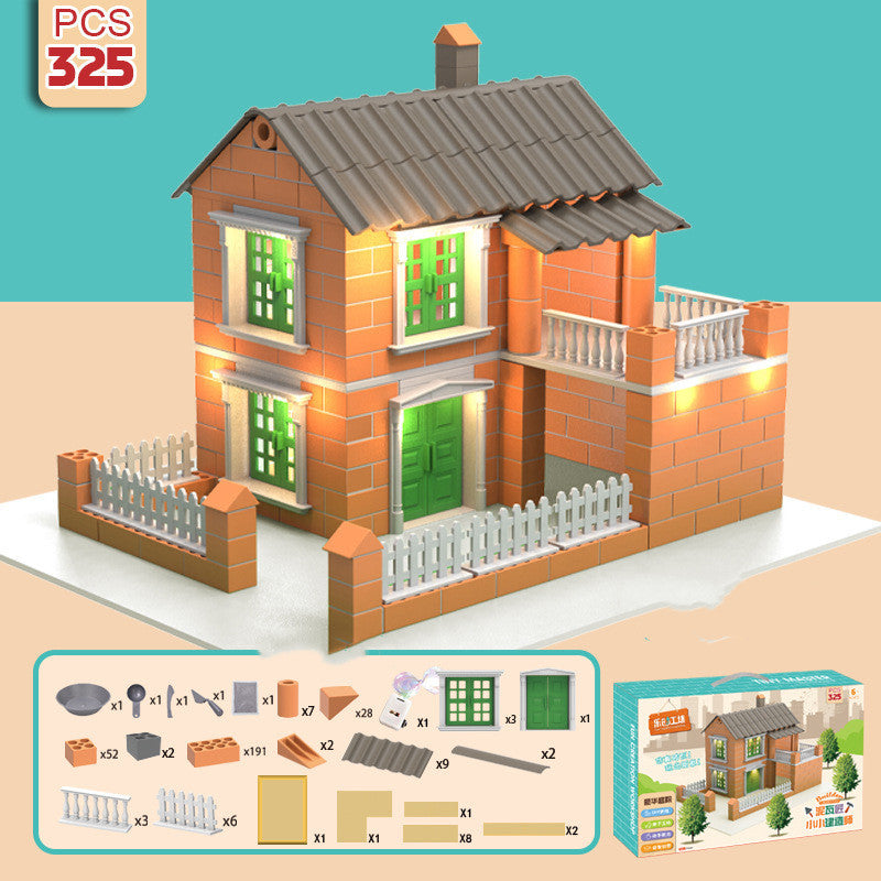 Children Build A House Bricks Assembled Toys